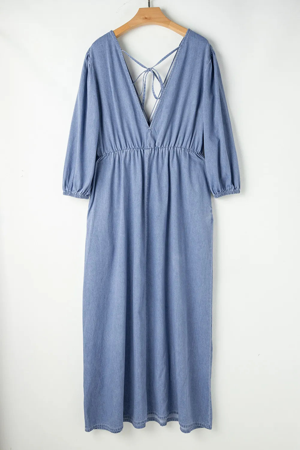 Tied Plunge Three-Quarter Sleeve Denim Dress.