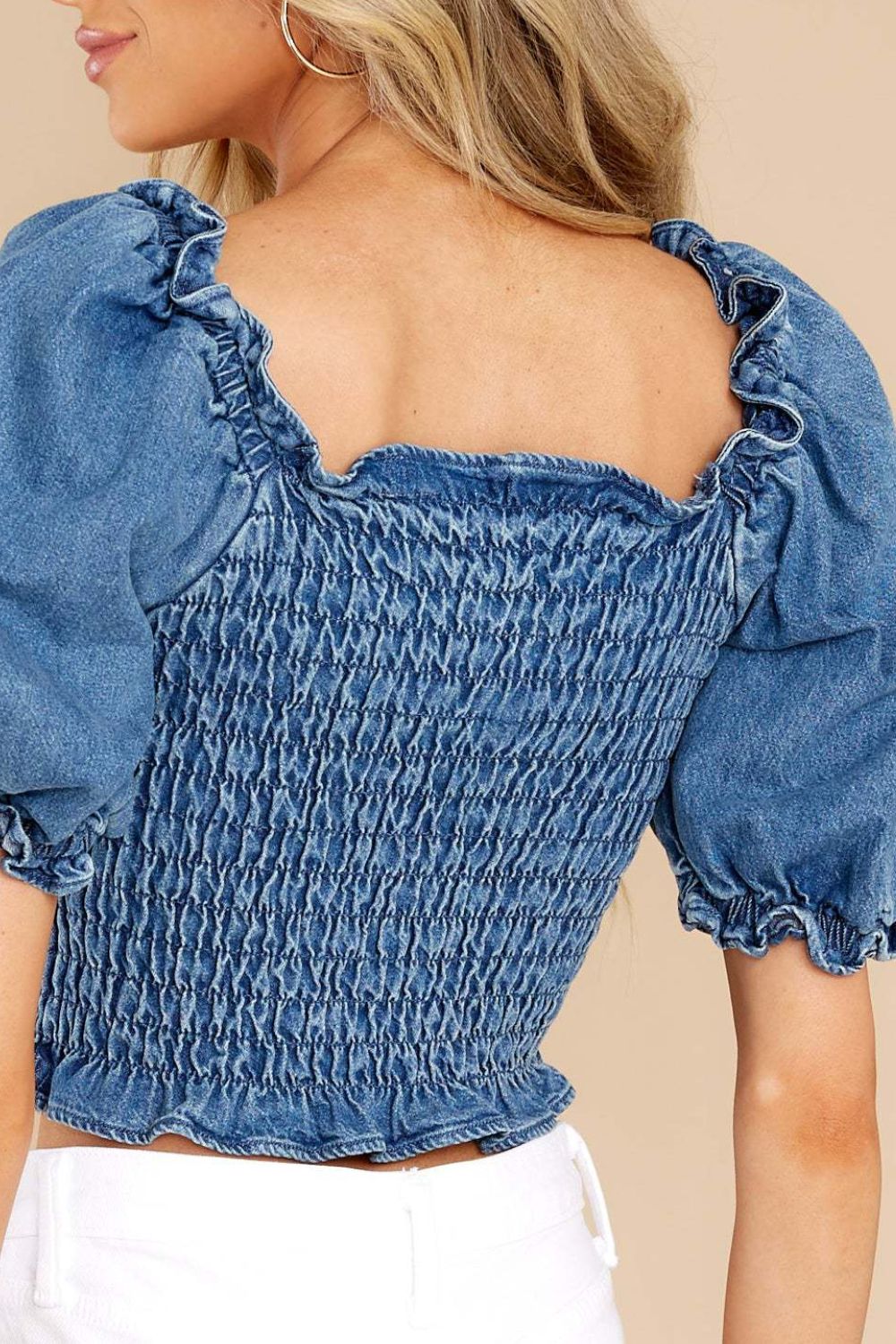 Puff Sleeve Smocked Cropped Denim Top.