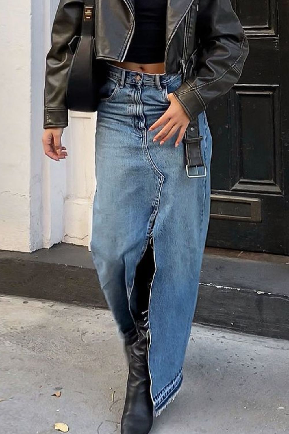 Slit Front Raw Hem Denim Maxi Skirt.