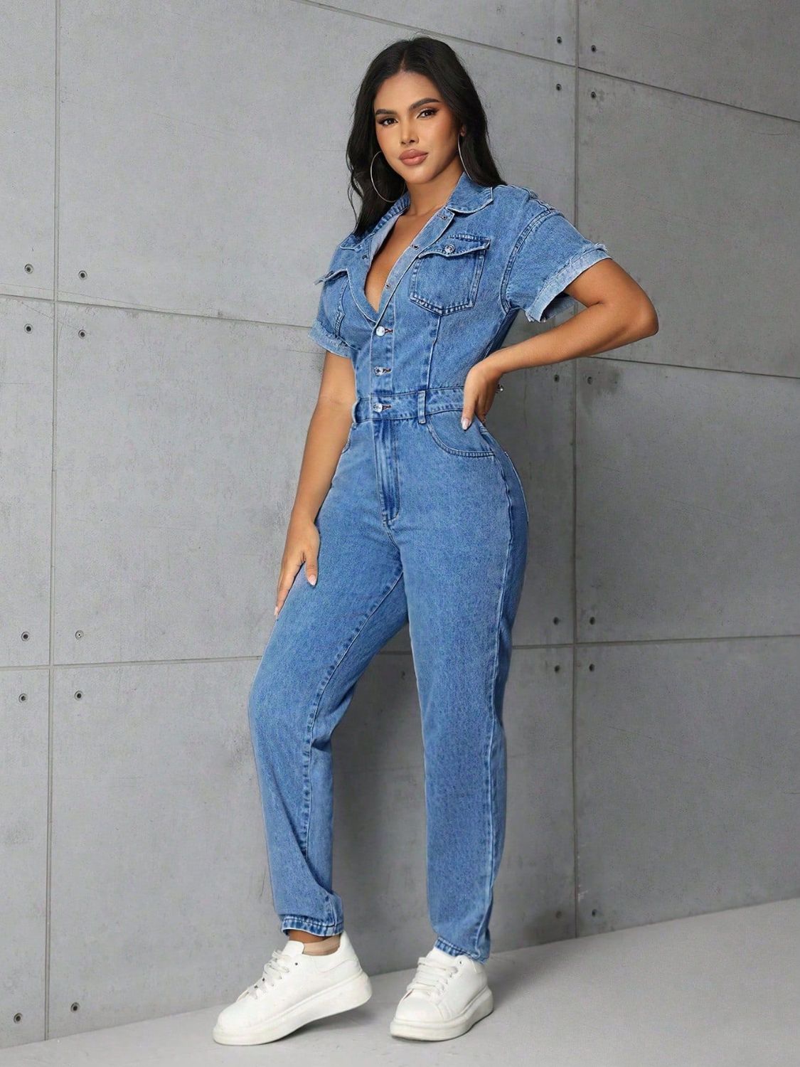 Button Detail Short Sleeve Denim Jumpsuit.