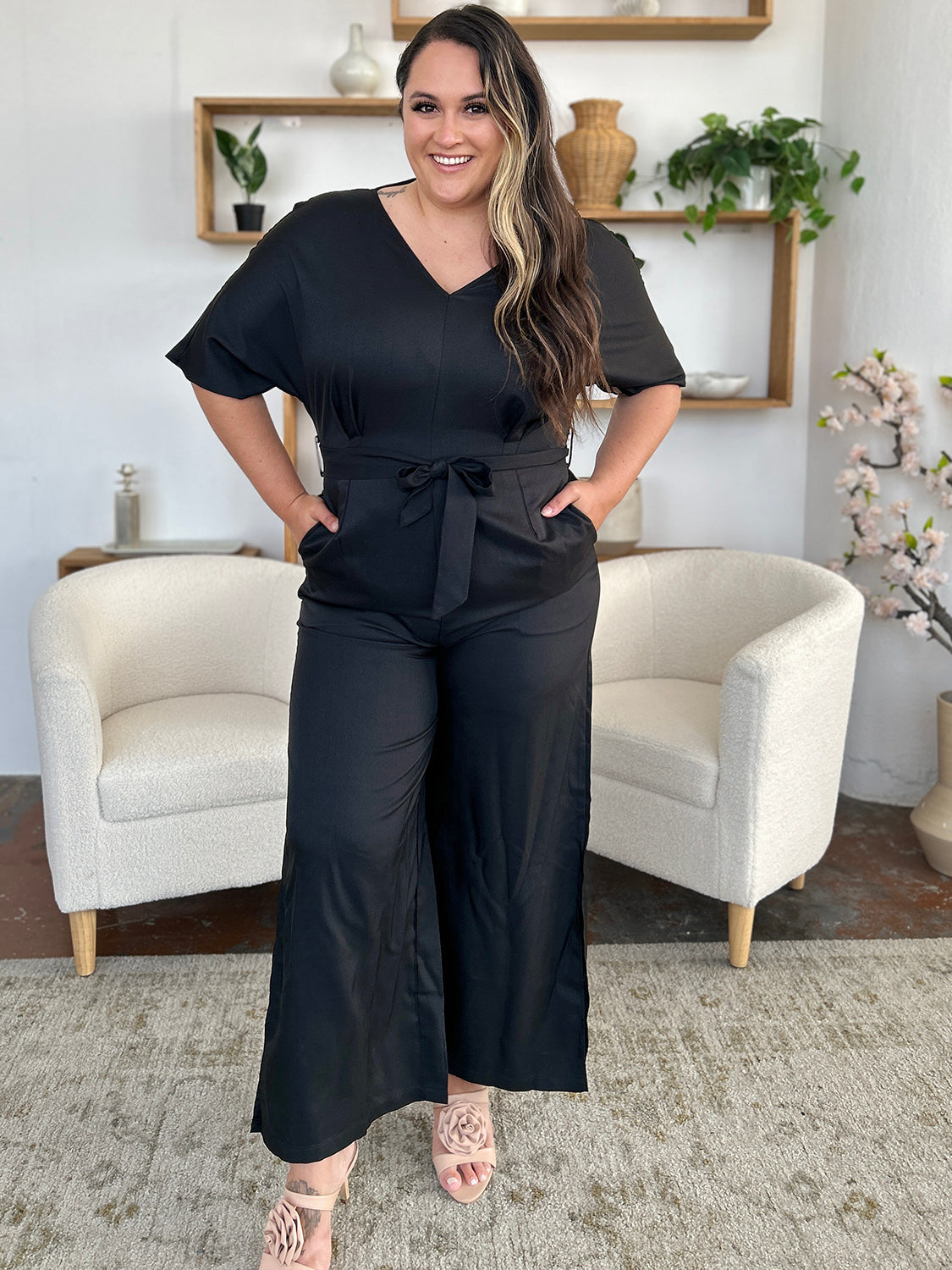 Double Take Full Size V-Neck Tied Side Slit Jumpsuit.