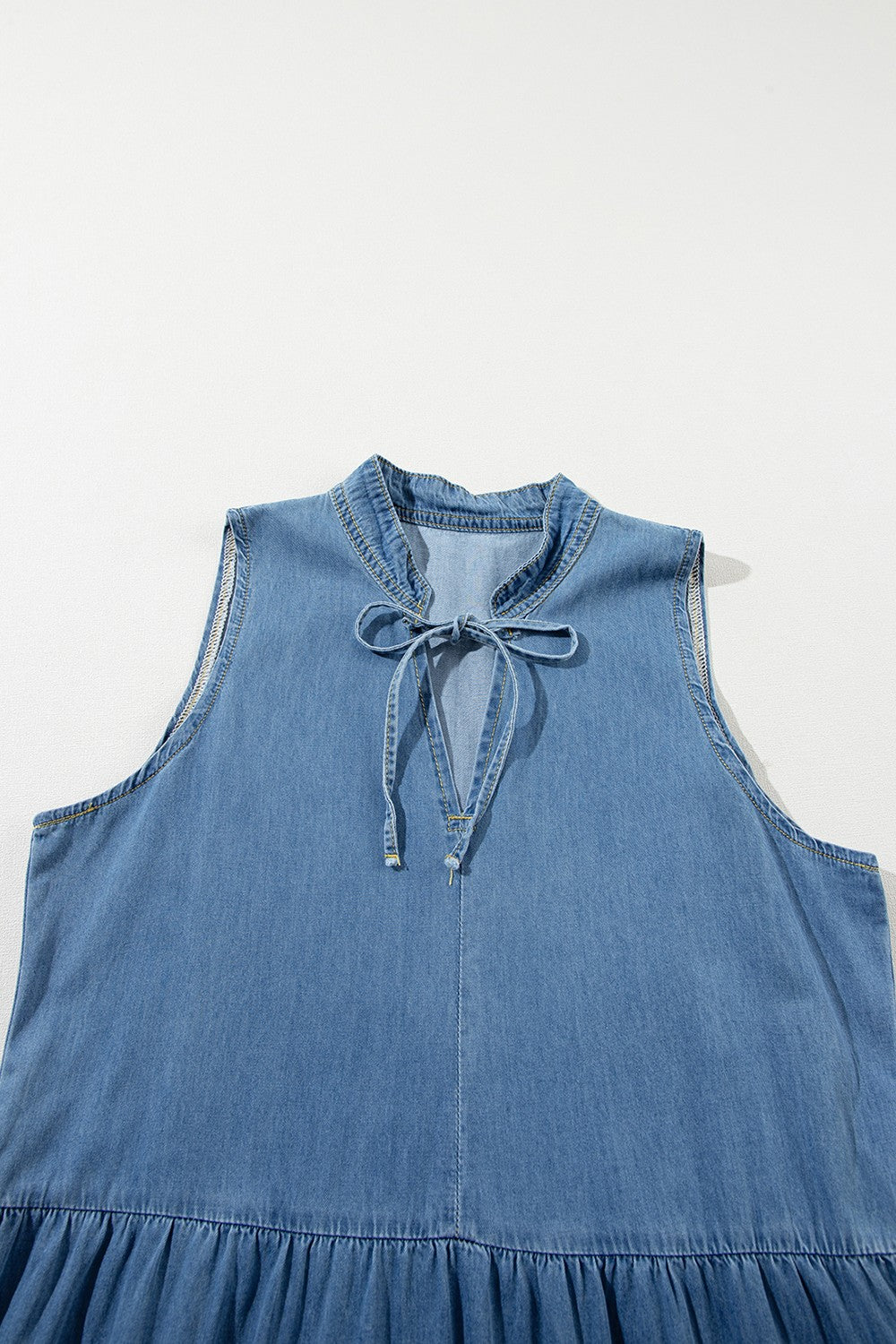Tie Neck Tiered Maxi Denim Dress.