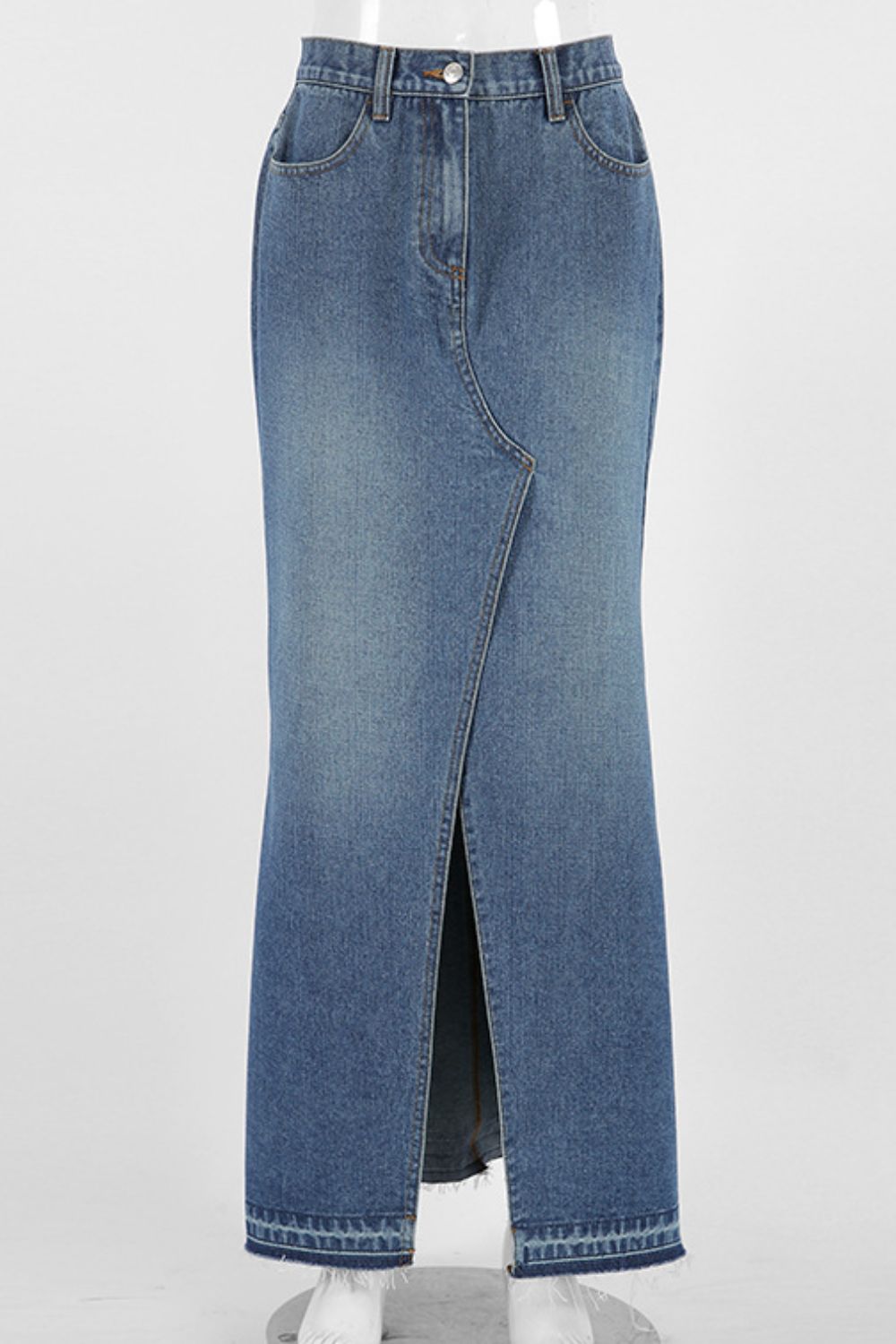 Slit Front Raw Hem Denim Maxi Skirt.