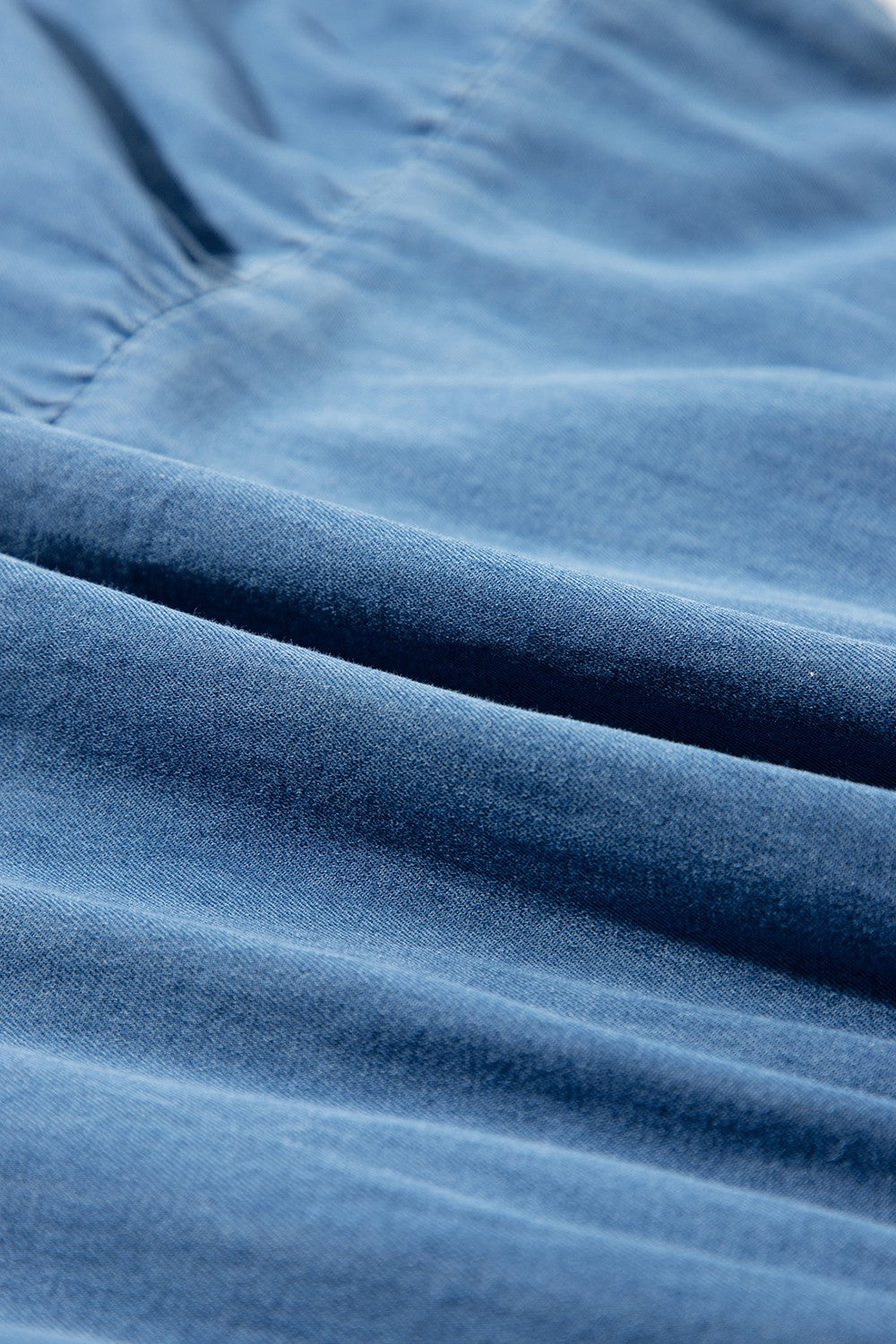 Tie Neck Tiered Maxi Denim Dress.