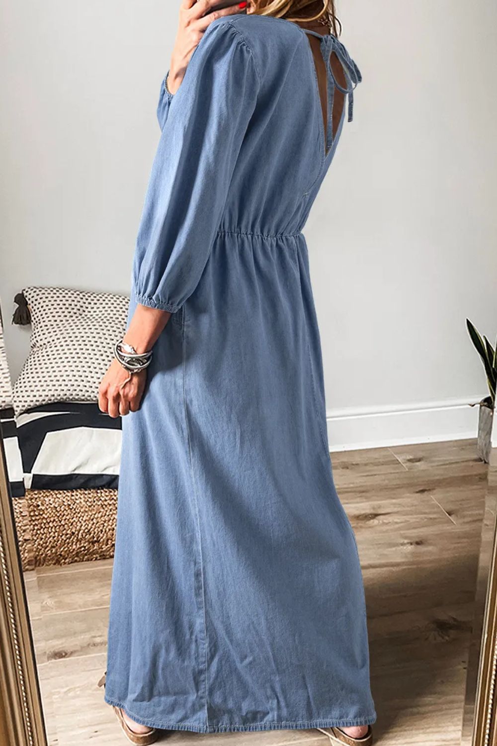 Tied Plunge Three-Quarter Sleeve Denim Dress.