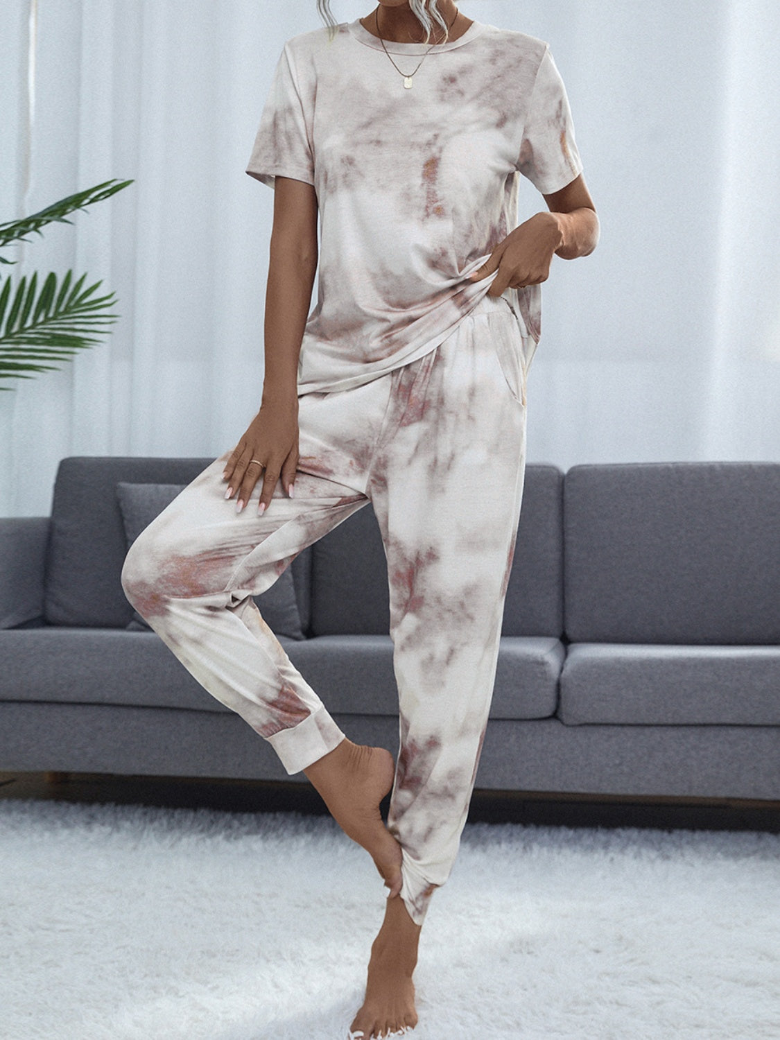 Shiny Tie-Dye Round Neck Short Sleeve Top and Pants Lounge Set.