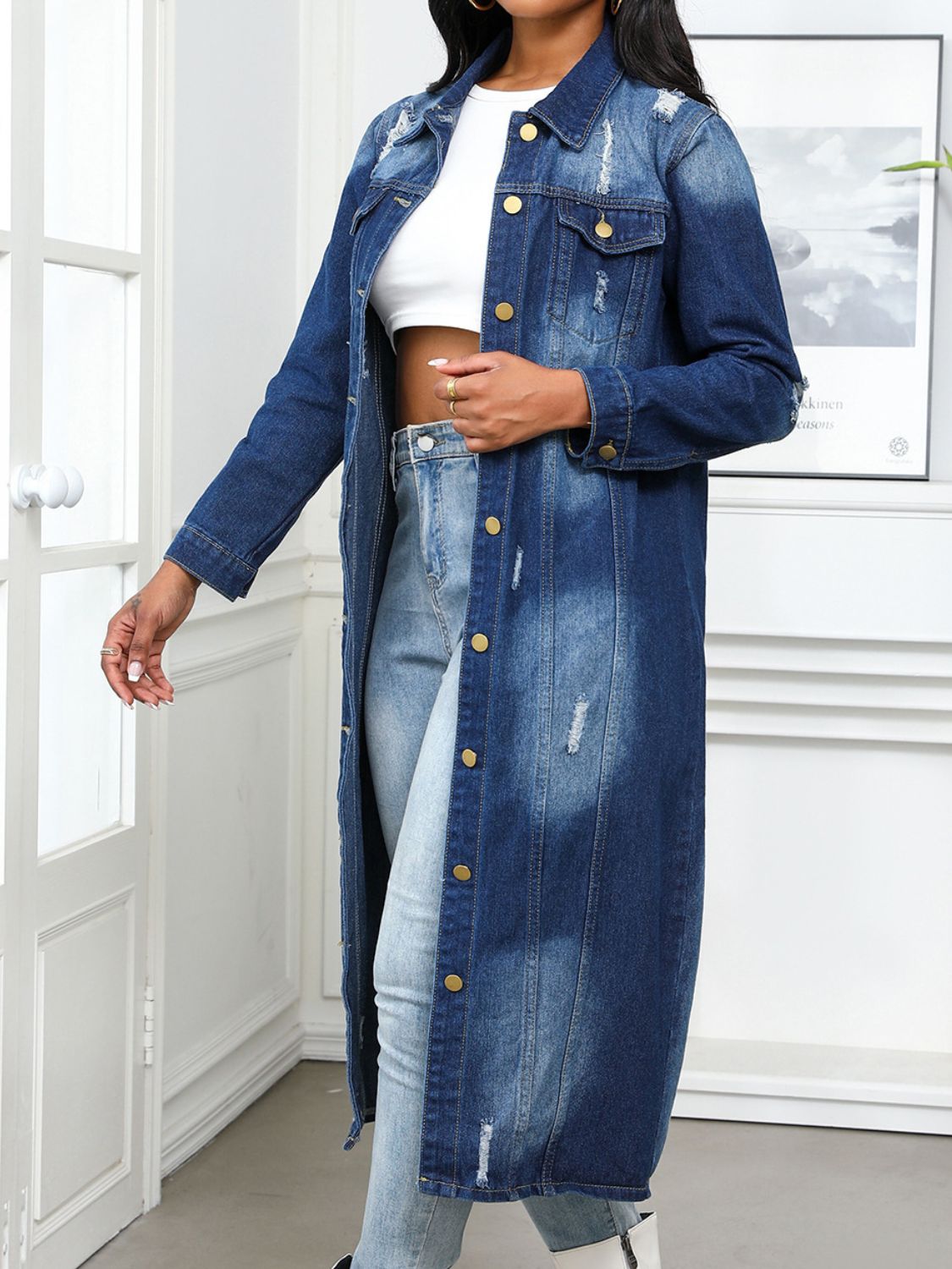 Distressed Button Up Collared Neck Denim Top.