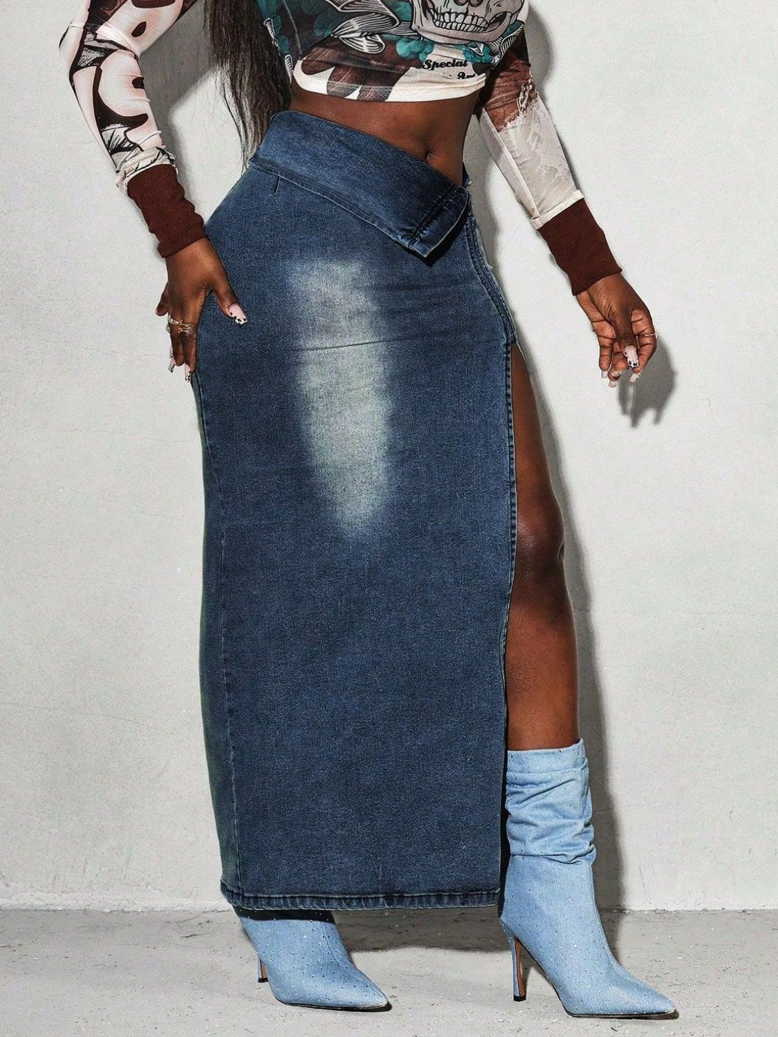 Split Denim Maxi Skirt.