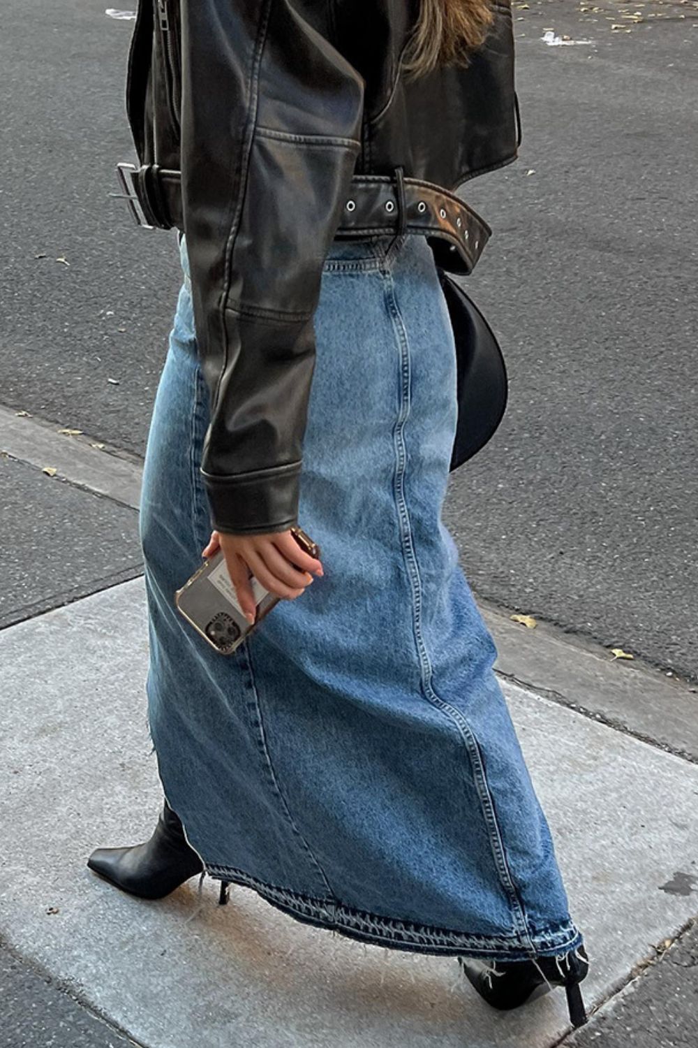 Slit Front Raw Hem Denim Maxi Skirt.