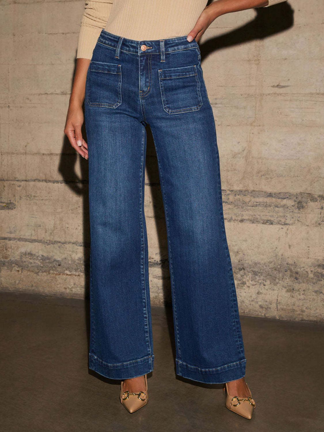 High Rise Front Pocket Patch Wide Leg Jeans.