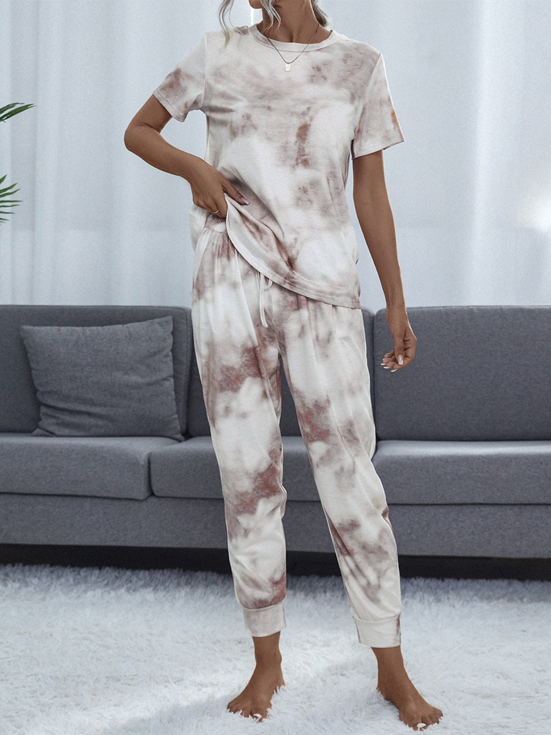 Shiny Tie-Dye Round Neck Short Sleeve Top and Pants Lounge Set.
