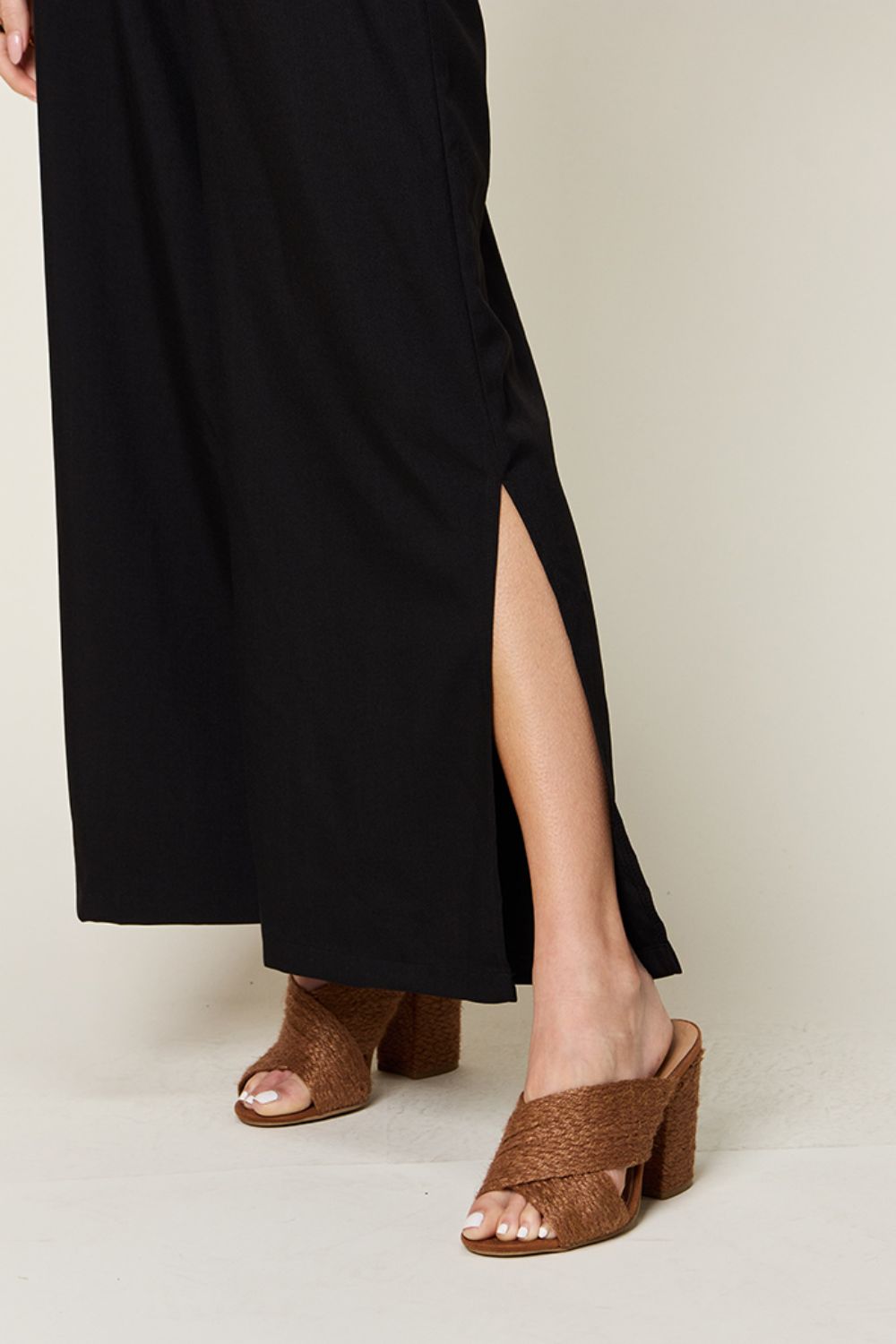 Double Take Full Size V-Neck Tied Side Slit Jumpsuit.