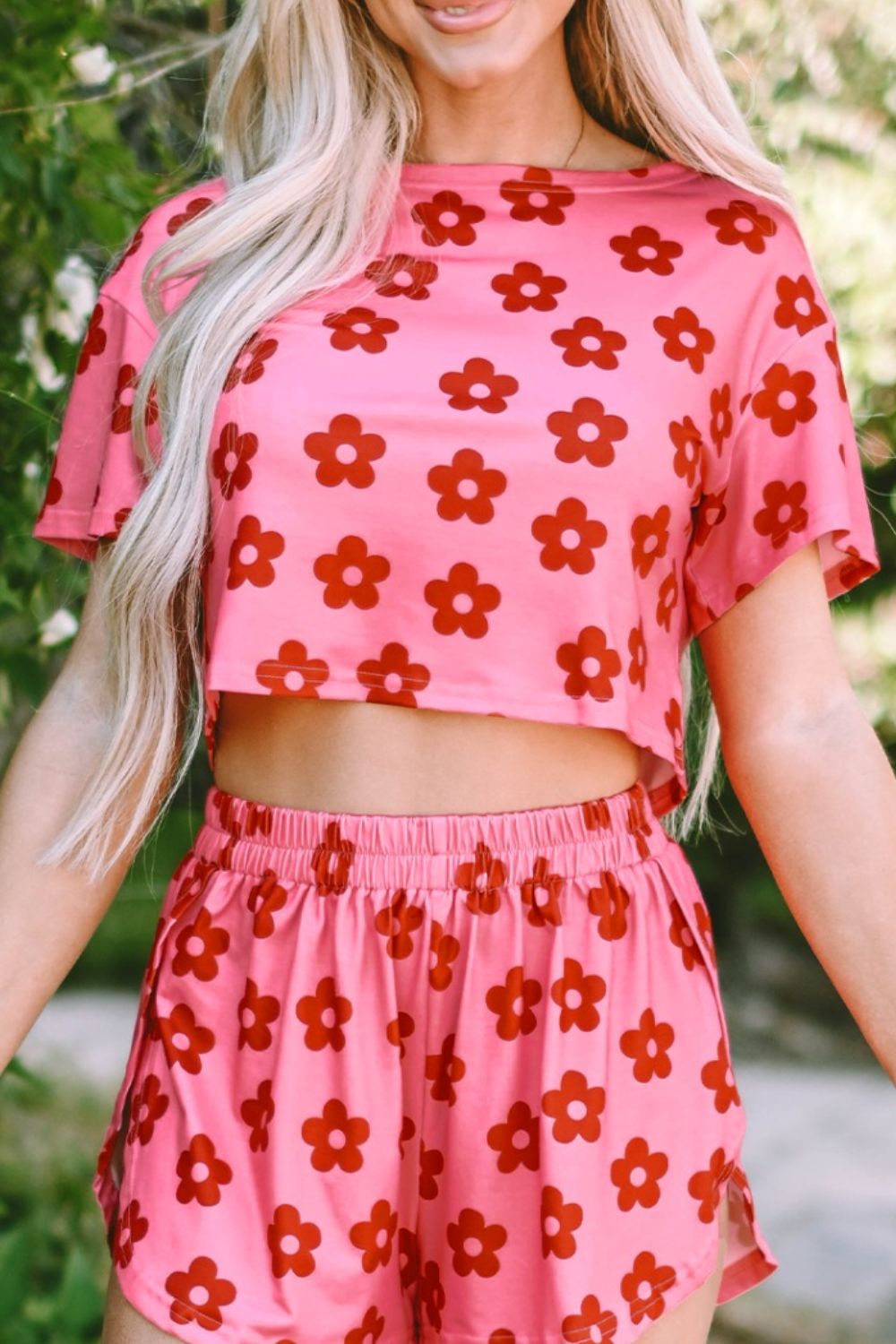 Floral Cropped Tee and Shorts Lounge Set.