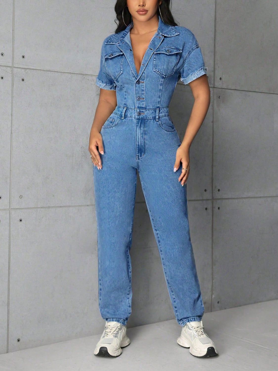 Button Detail Short Sleeve Denim Jumpsuit.