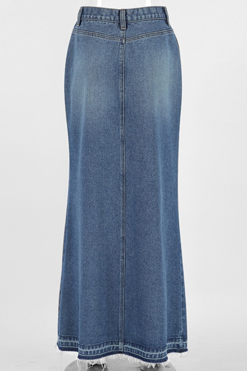 Slit Front Raw Hem Denim Maxi Skirt.