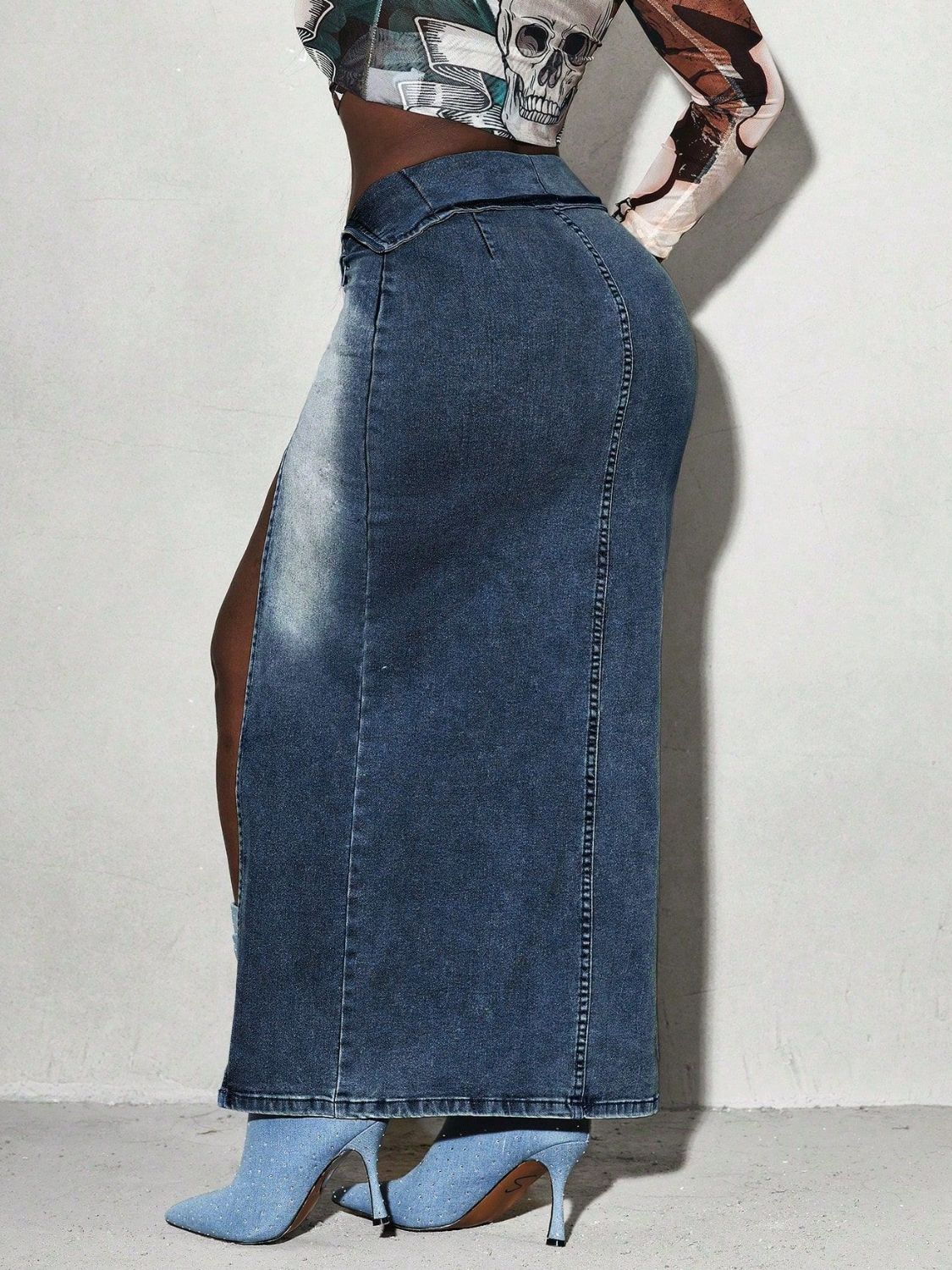 Split Denim Maxi Skirt.