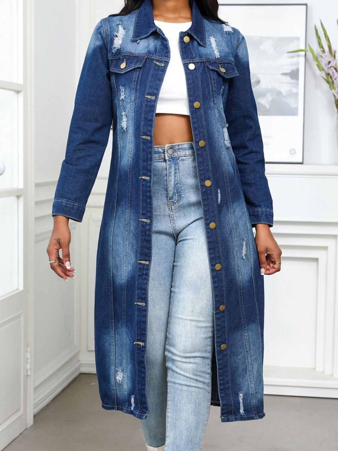 Distressed Button Up Collared Neck Denim Top.