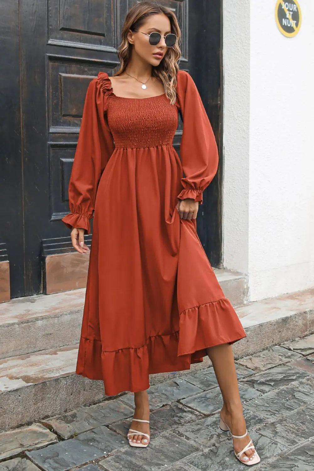 Smocked Ruffle Hem Flounce Sleeve Dress - M. Burks Pretty Boutique LLC.shop