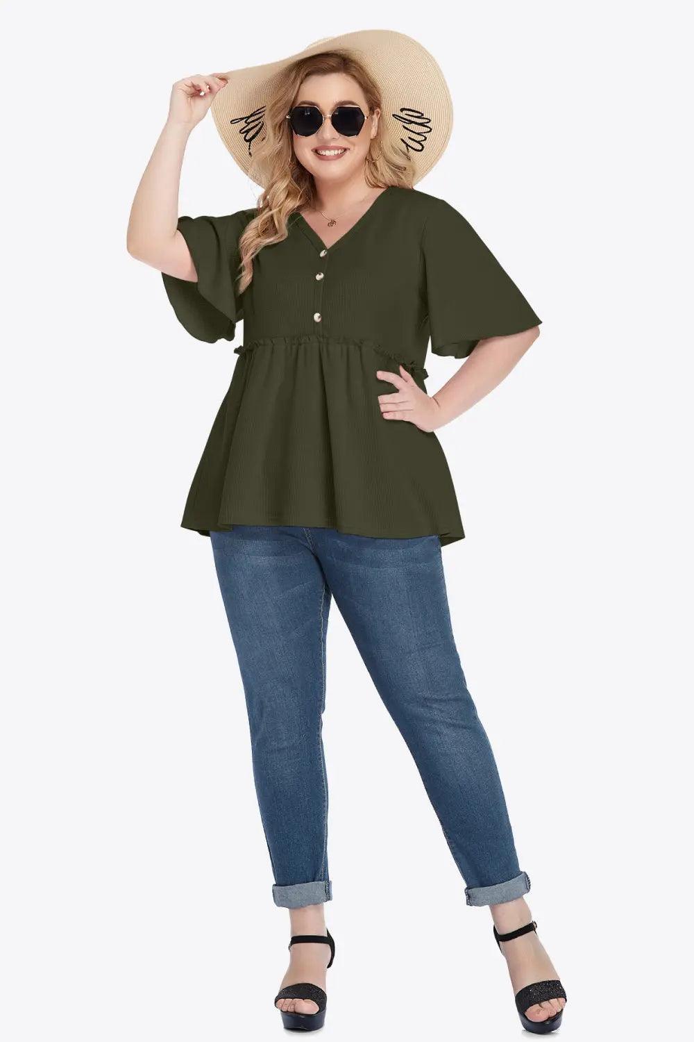 Plus Size Buttoned V-Neck Frill Trim Babydoll Blouse - M. Burks Pretty Boutique LLC.shop