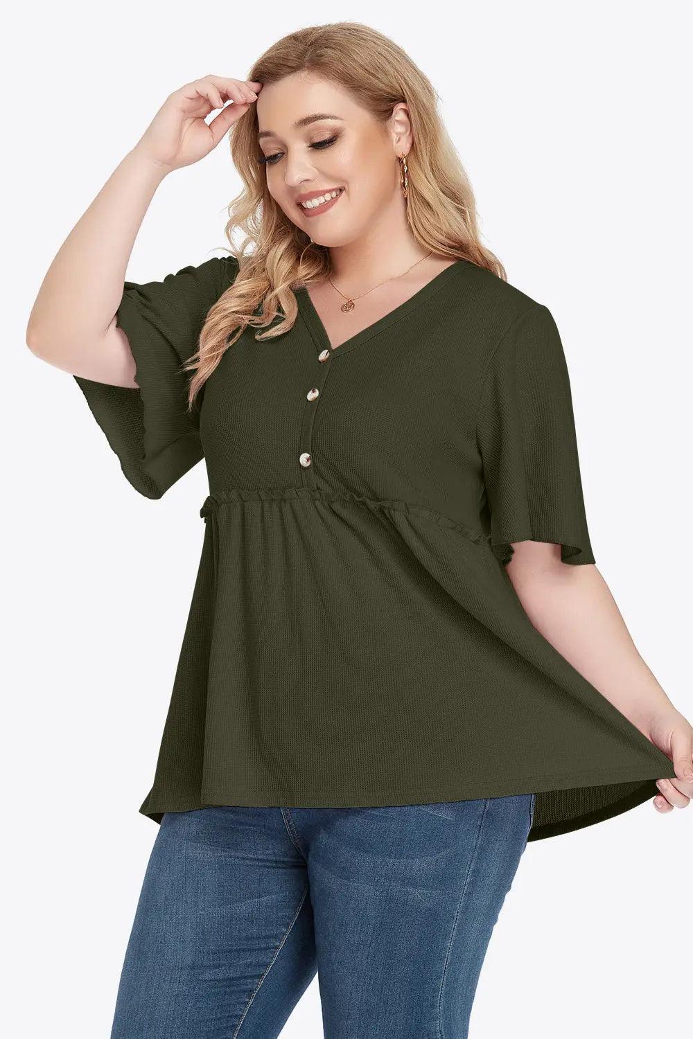 Plus Size Buttoned V-Neck Frill Trim Babydoll Blouse - M. Burks Pretty Boutique LLC.shop