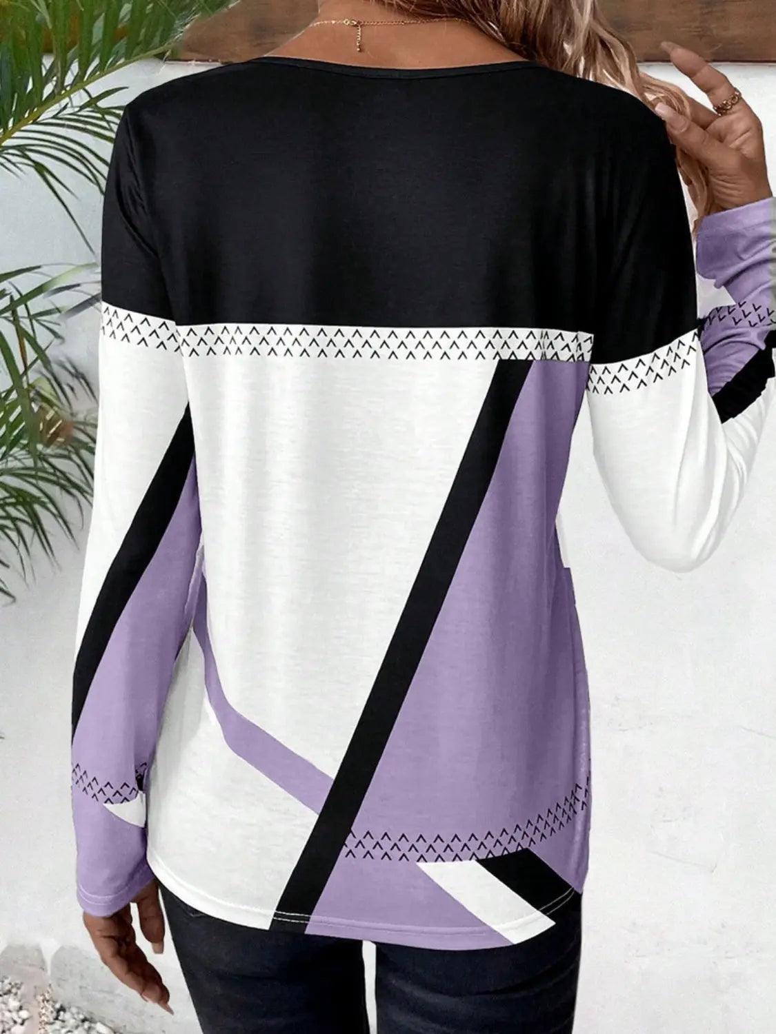 Contrast Round Neck Long Sleeve T-Shirt - M. Burks Pretty Boutique LLC.shop