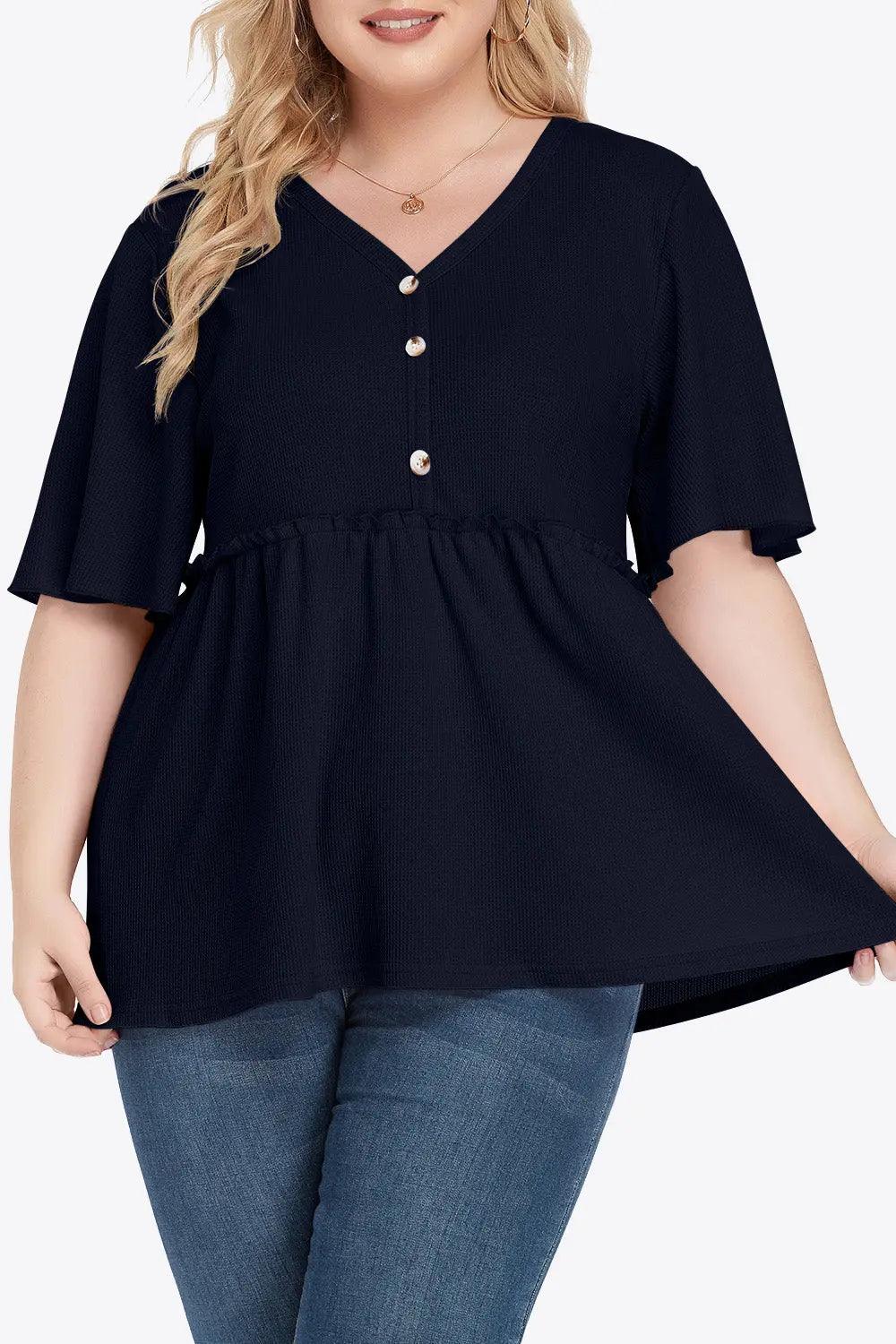 Plus Size Buttoned V-Neck Frill Trim Babydoll Blouse - M. Burks Pretty Boutique LLC.shop