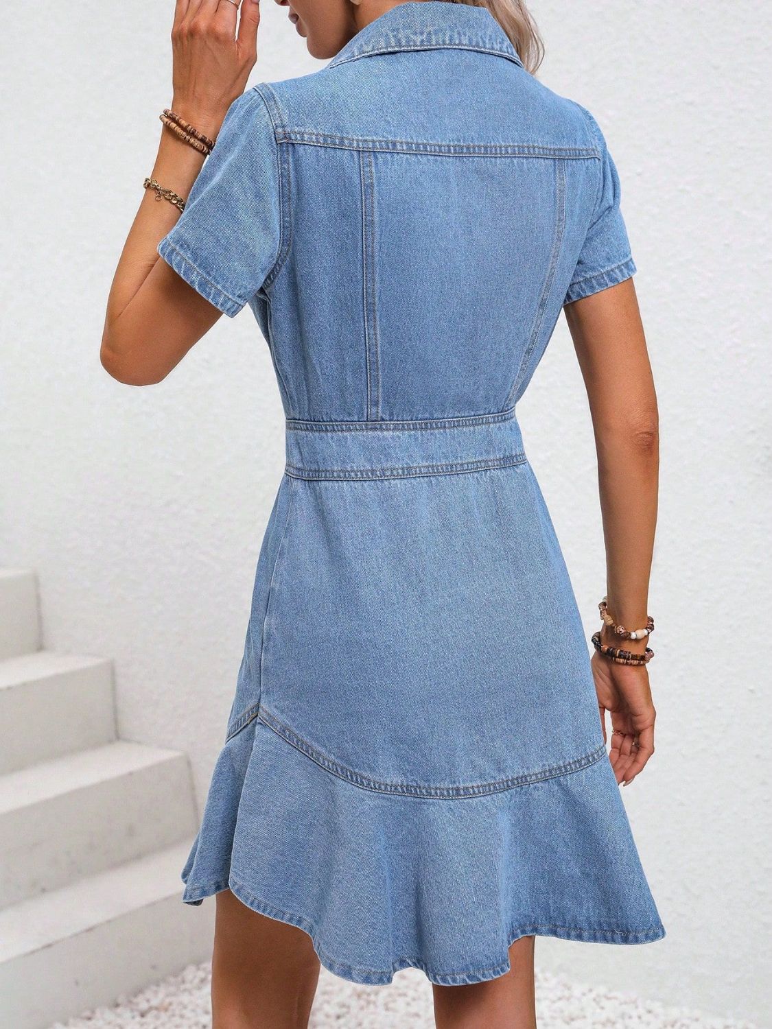 Short Sleeve Button Down Denim Dress.