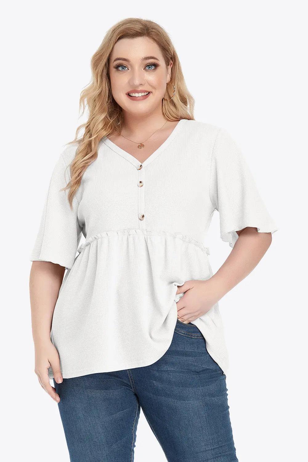 Plus Size Buttoned V-Neck Frill Trim Babydoll Blouse - M. Burks Pretty Boutique LLC.shop