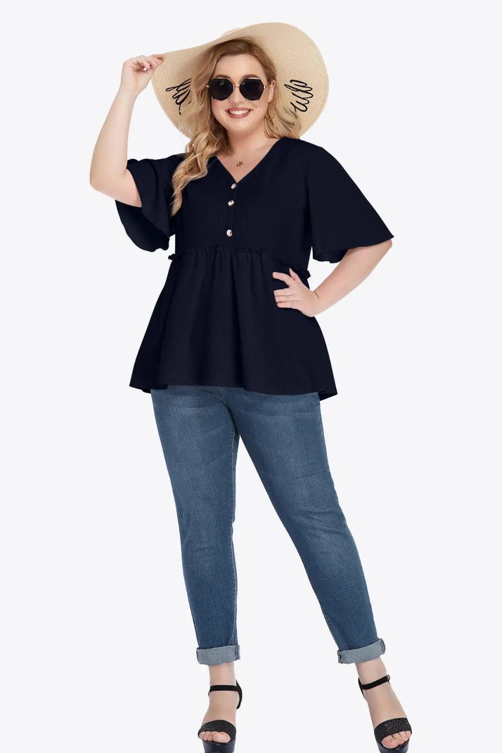 Plus Size Buttoned V-Neck Frill Trim Babydoll Blouse - M. Burks Pretty Boutique LLC.shop