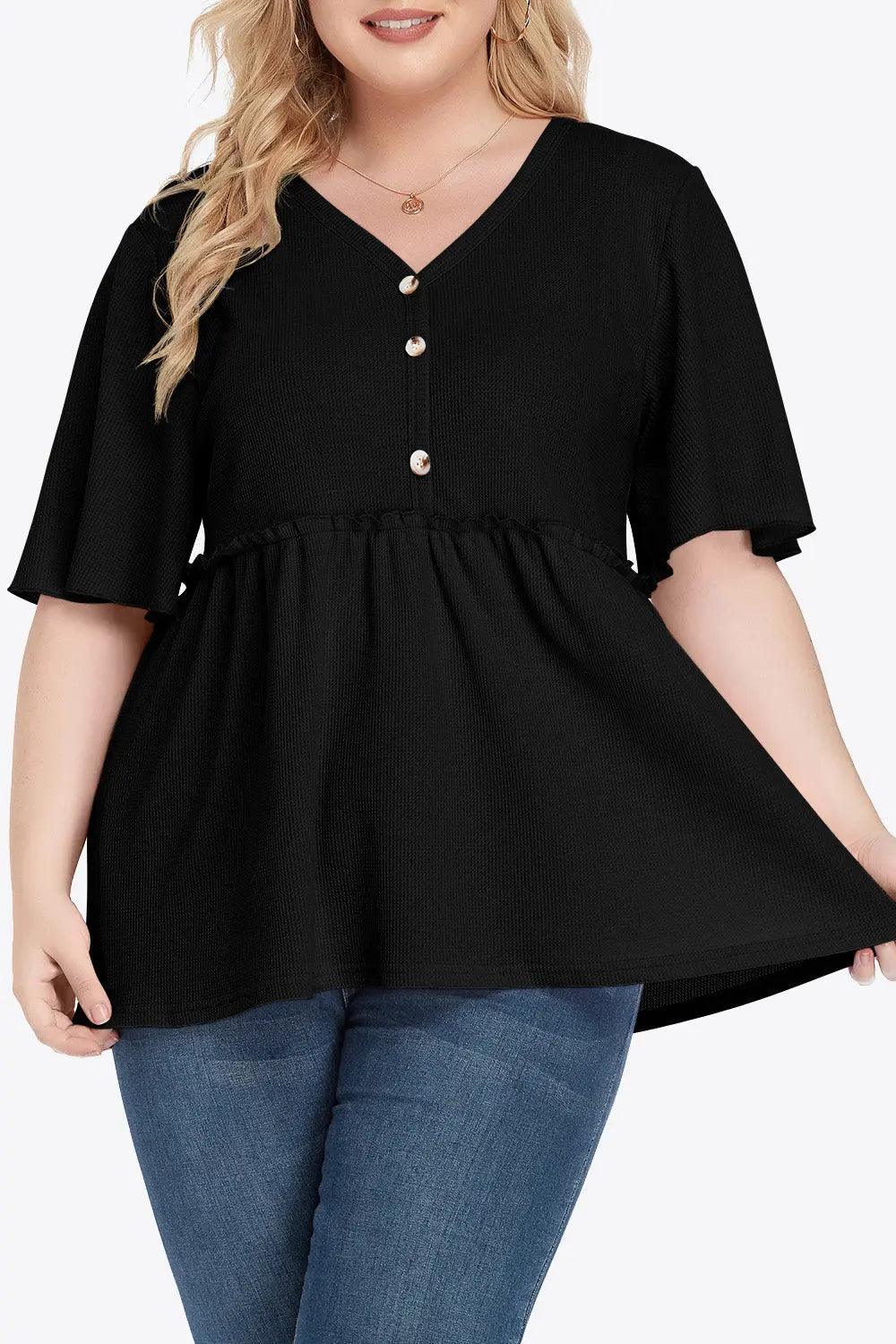 Plus Size Buttoned V-Neck Frill Trim Babydoll Blouse - M. Burks Pretty Boutique LLC.shop