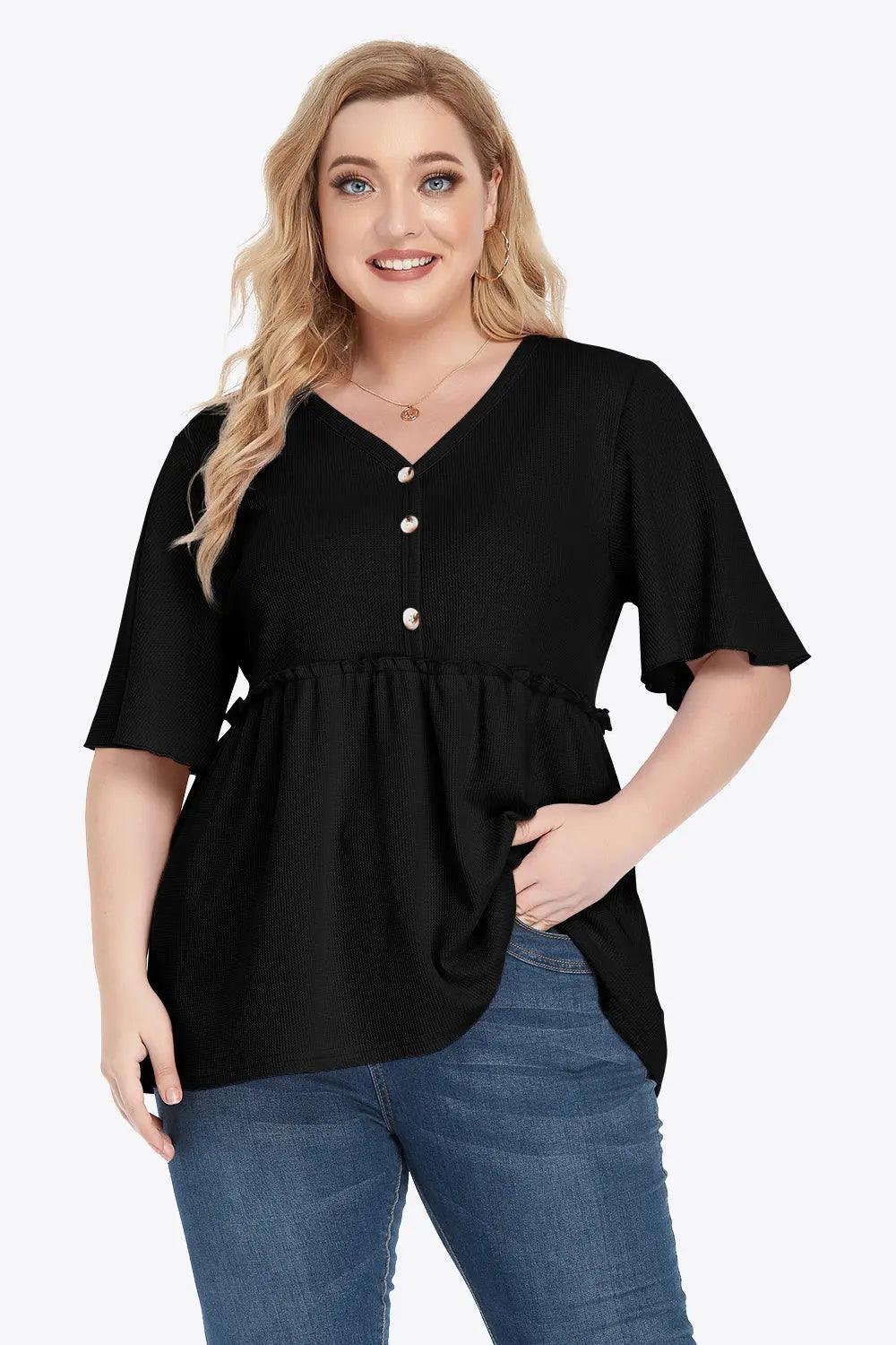 Plus Size Buttoned V-Neck Frill Trim Babydoll Blouse - M. Burks Pretty Boutique LLC.shop