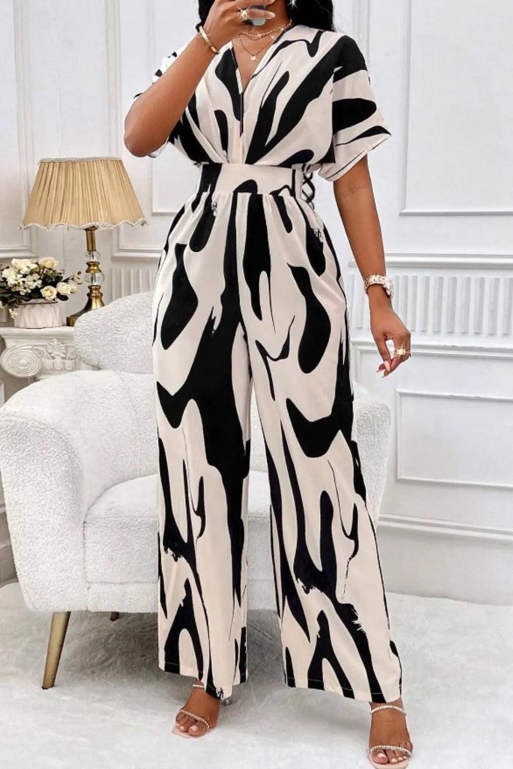 Printed V-Neck Short Sleeve Wide Leg Jumpsuit - M. Burks Pretty Boutique LLC.shop