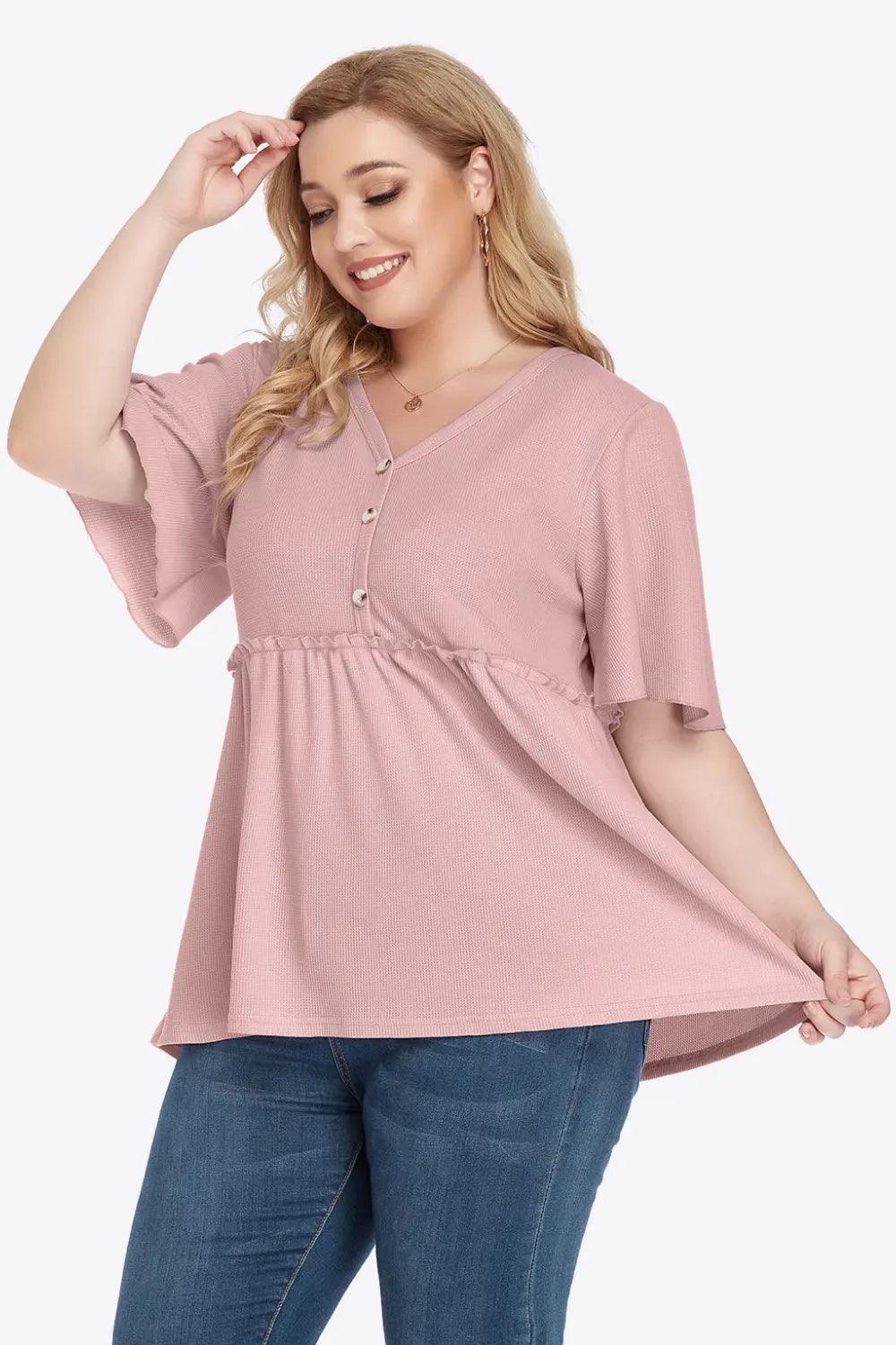 Plus Size Buttoned V-Neck Frill Trim Babydoll Blouse - M. Burks Pretty Boutique LLC.shop