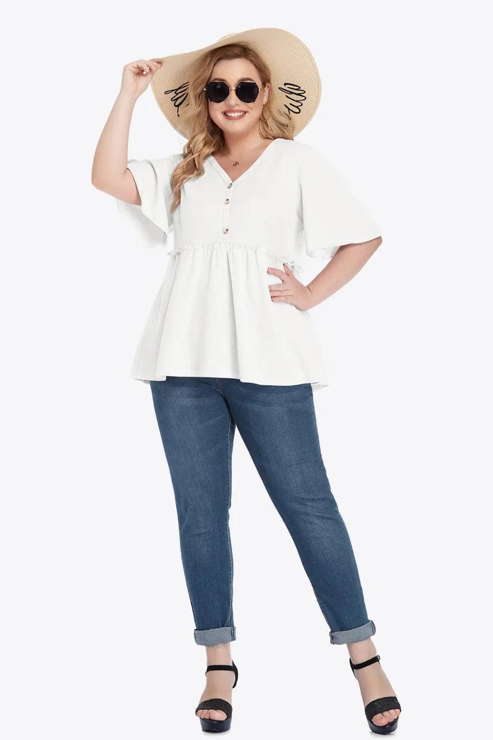 Plus Size Buttoned V-Neck Frill Trim Babydoll Blouse - M. Burks Pretty Boutique LLC.shop