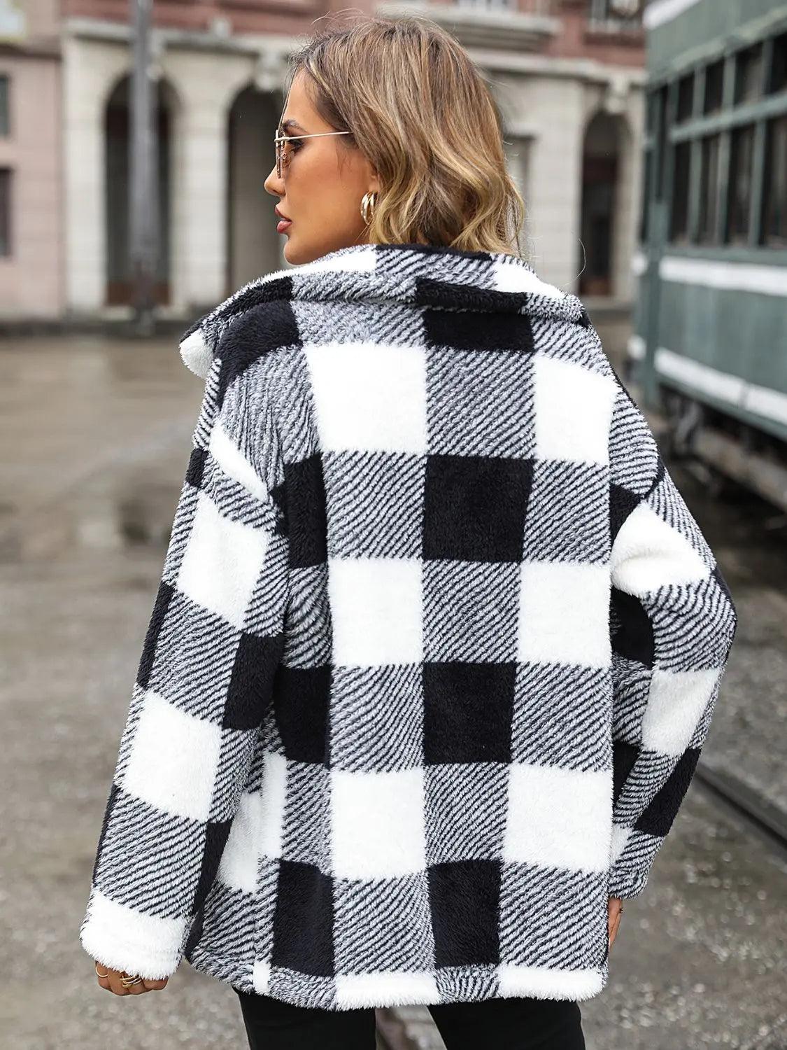 Plaid Collared Neck Button Down Jacket - M. Burks Pretty Boutique LLC.shop