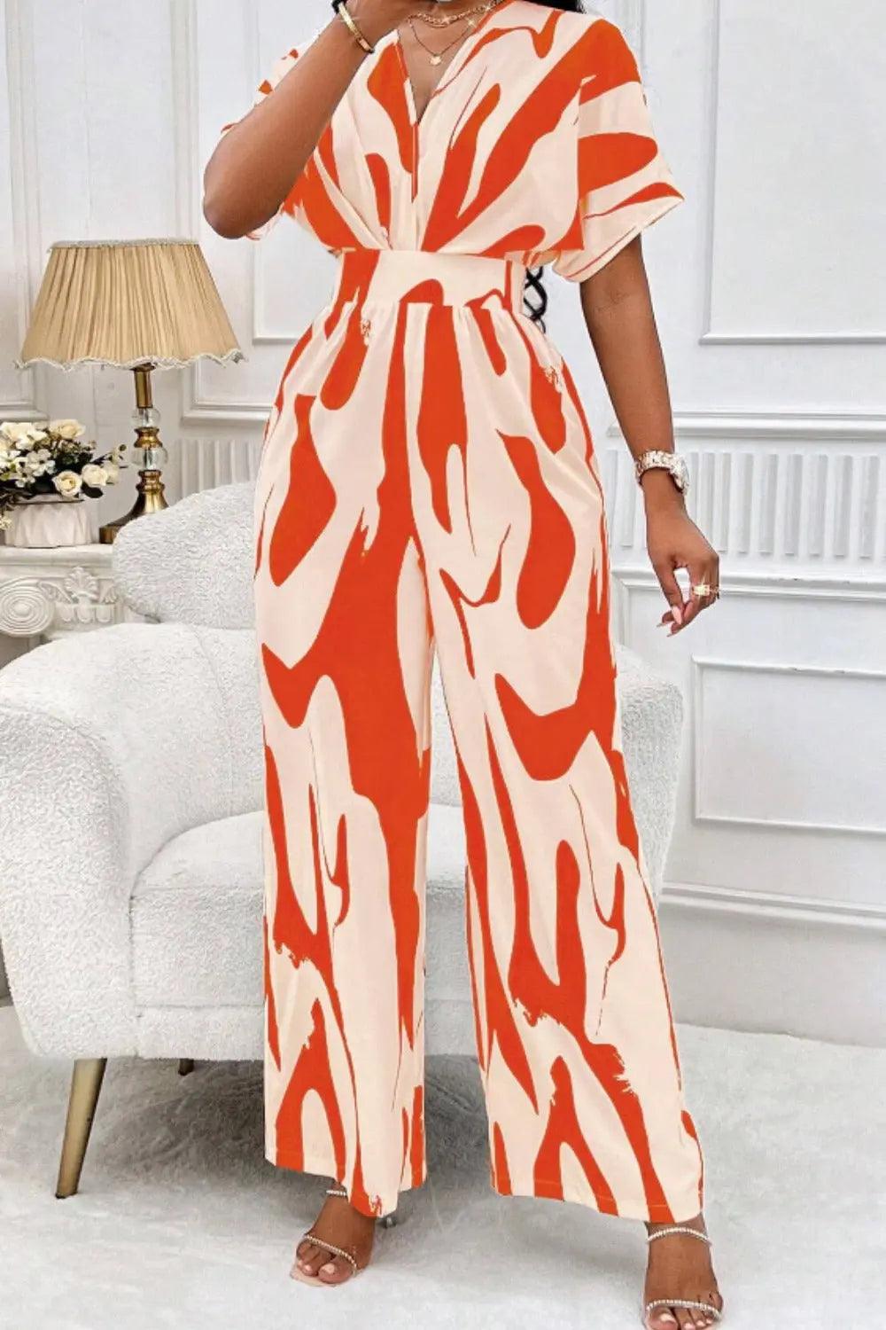 Printed V-Neck Short Sleeve Wide Leg Jumpsuit - M. Burks Pretty Boutique LLC.shop