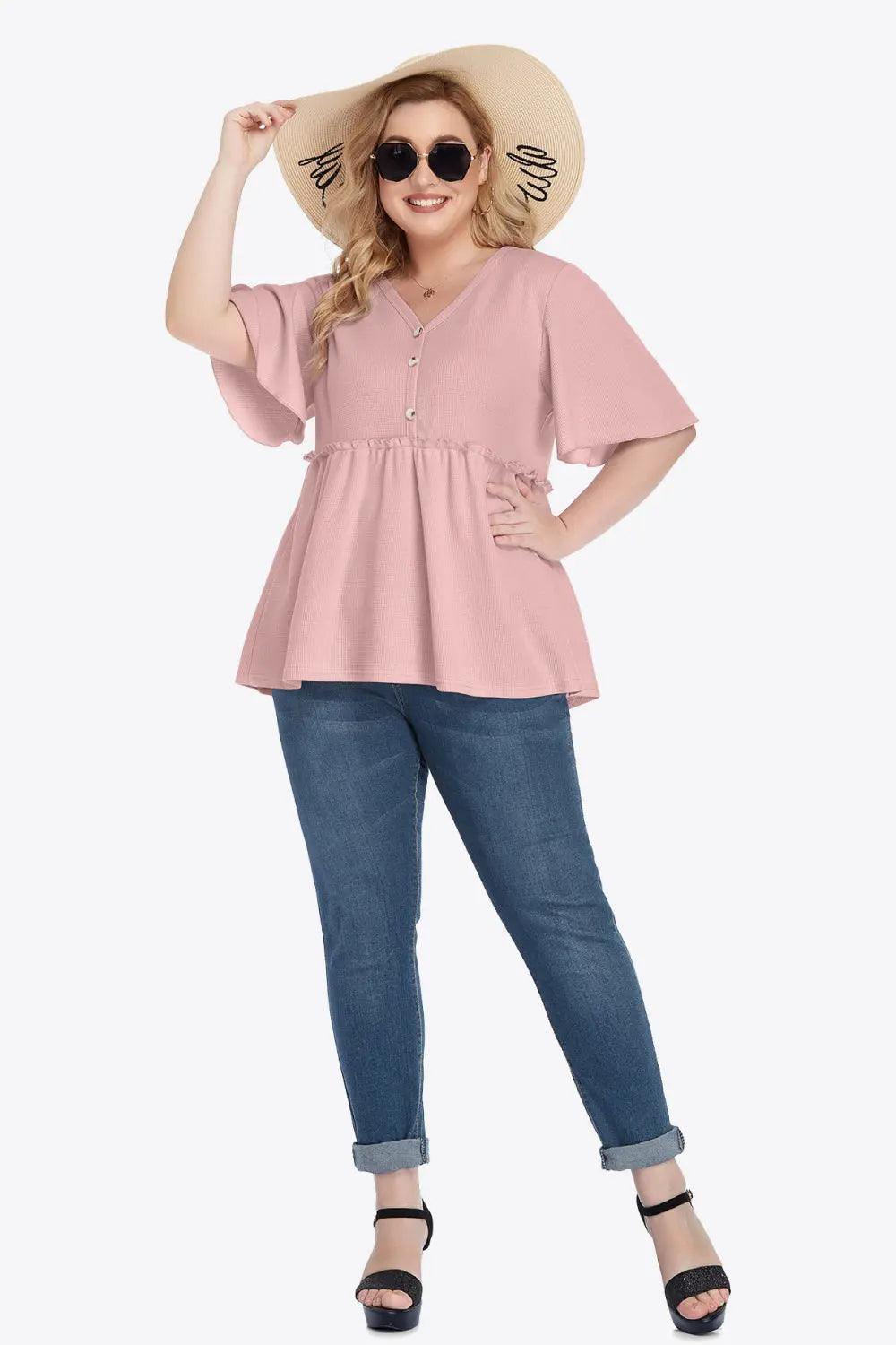 Plus Size Buttoned V-Neck Frill Trim Babydoll Blouse - M. Burks Pretty Boutique LLC.shop