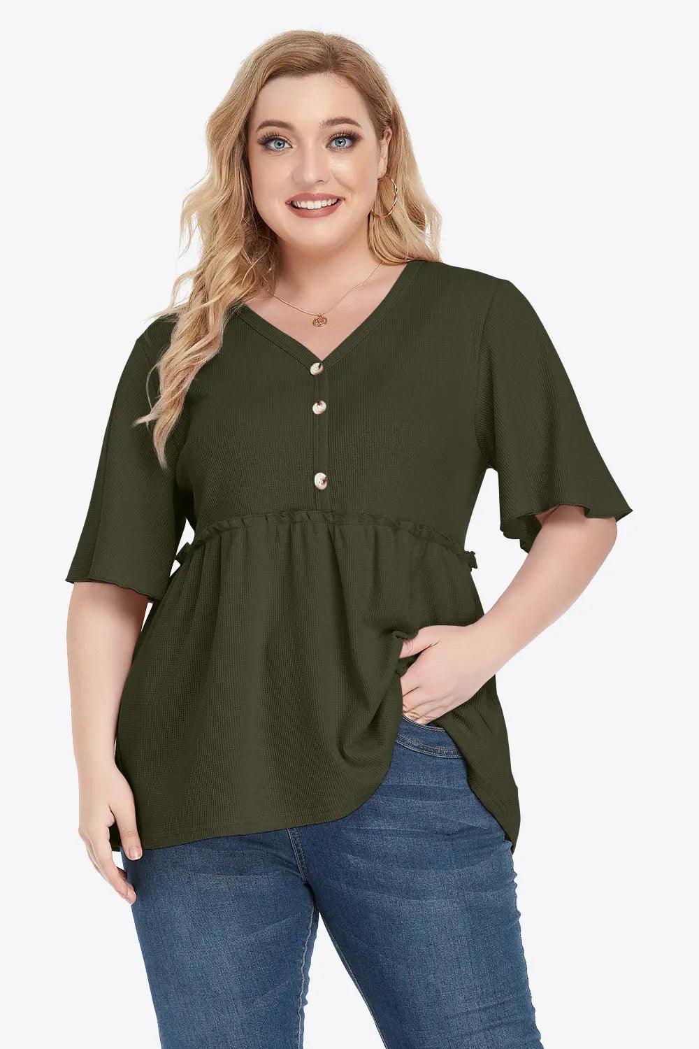 Plus Size Buttoned V-Neck Frill Trim Babydoll Blouse - M. Burks Pretty Boutique LLC.shop