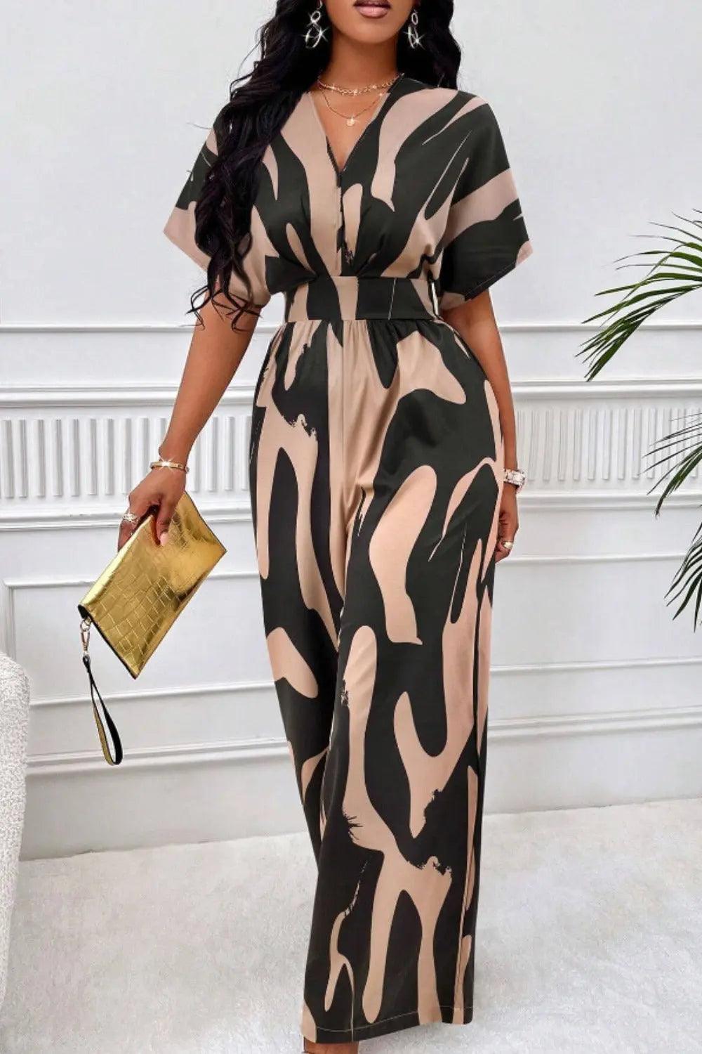 Printed V-Neck Short Sleeve Wide Leg Jumpsuit - M. Burks Pretty Boutique LLC.shop