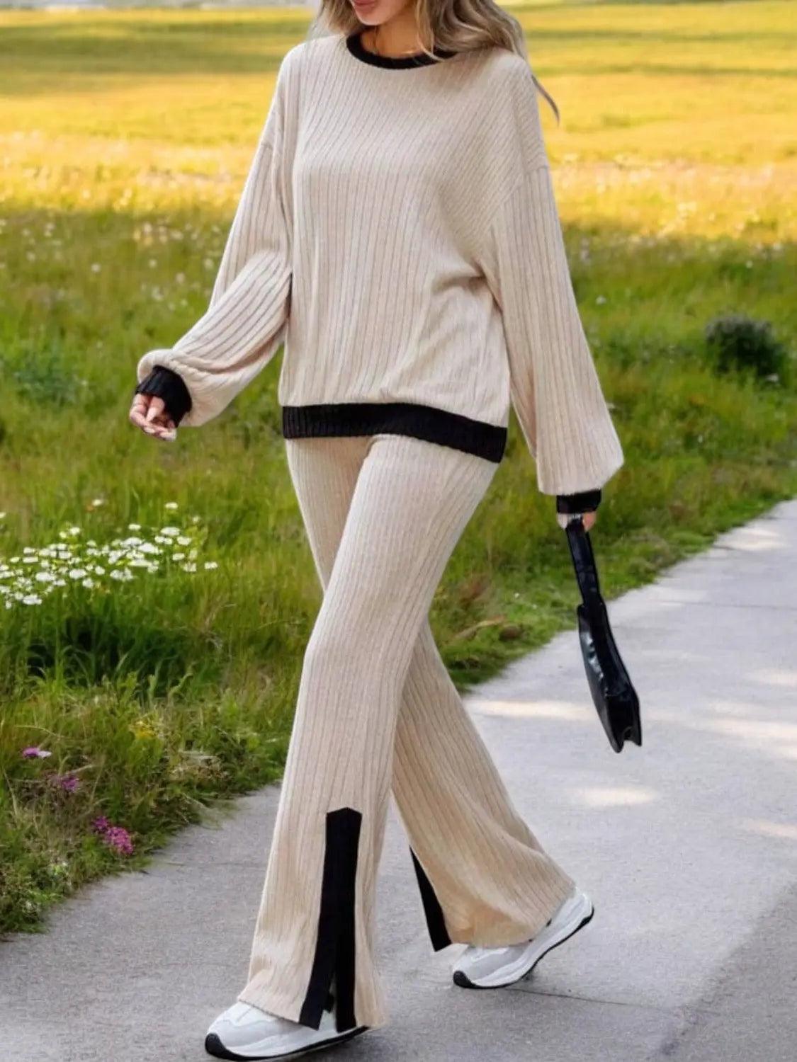 Contrast Round Neck Long Sleeve Top and Bootcut Pants Set - M. Burks Pretty Boutique LLC.shop