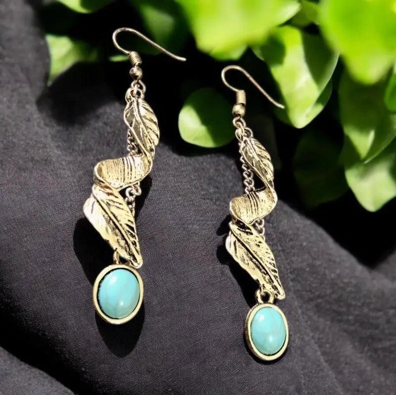 Alloy Leaf Artificial Turquoise Earrings - M. Burks Pretty Boutique LLC.shop