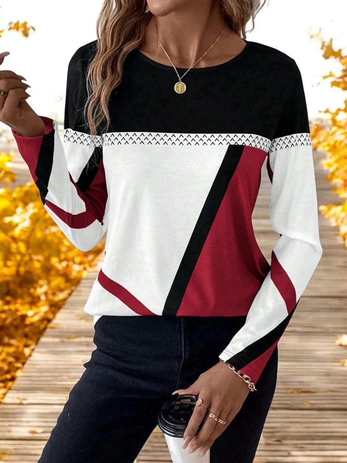 Contrast Round Neck Long Sleeve T-Shirt - M. Burks Pretty Boutique LLC.shop