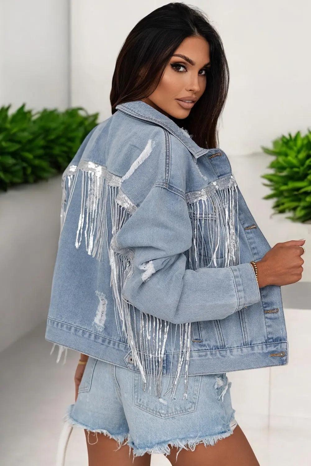 Sequin Fringe Trim Distressed Button Up Denim Jacket - M. Burks Pretty Boutique LLC.shop