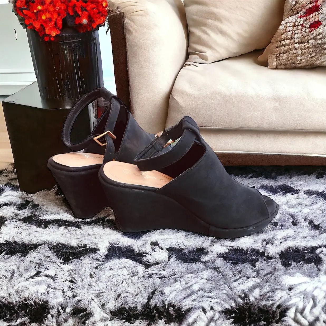 Black Wedge Open-Toed Sandal Ankle-Strap - M. Burks Pretty Boutique LLC.shop