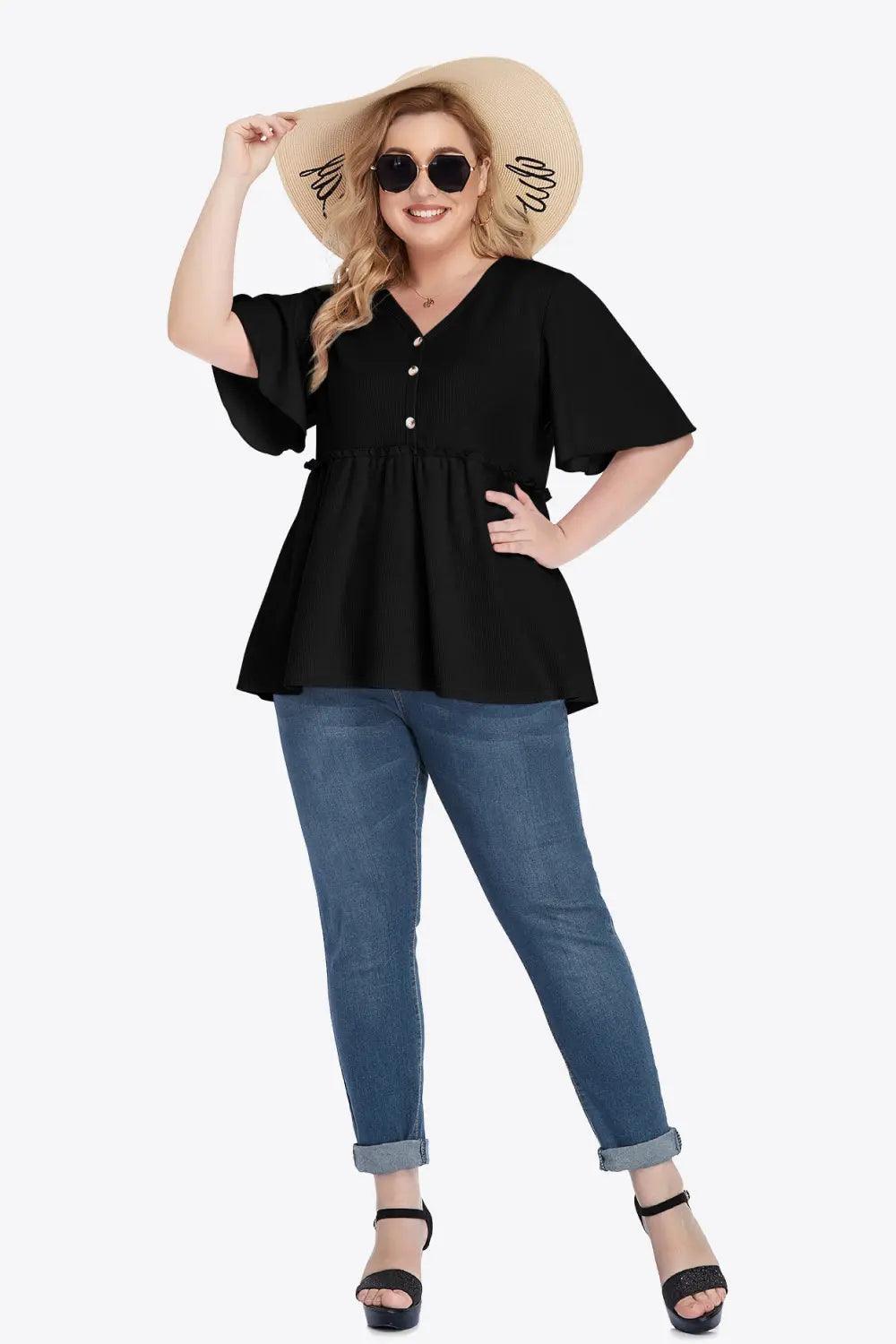 Plus Size Buttoned V-Neck Frill Trim Babydoll Blouse - M. Burks Pretty Boutique LLC.shop