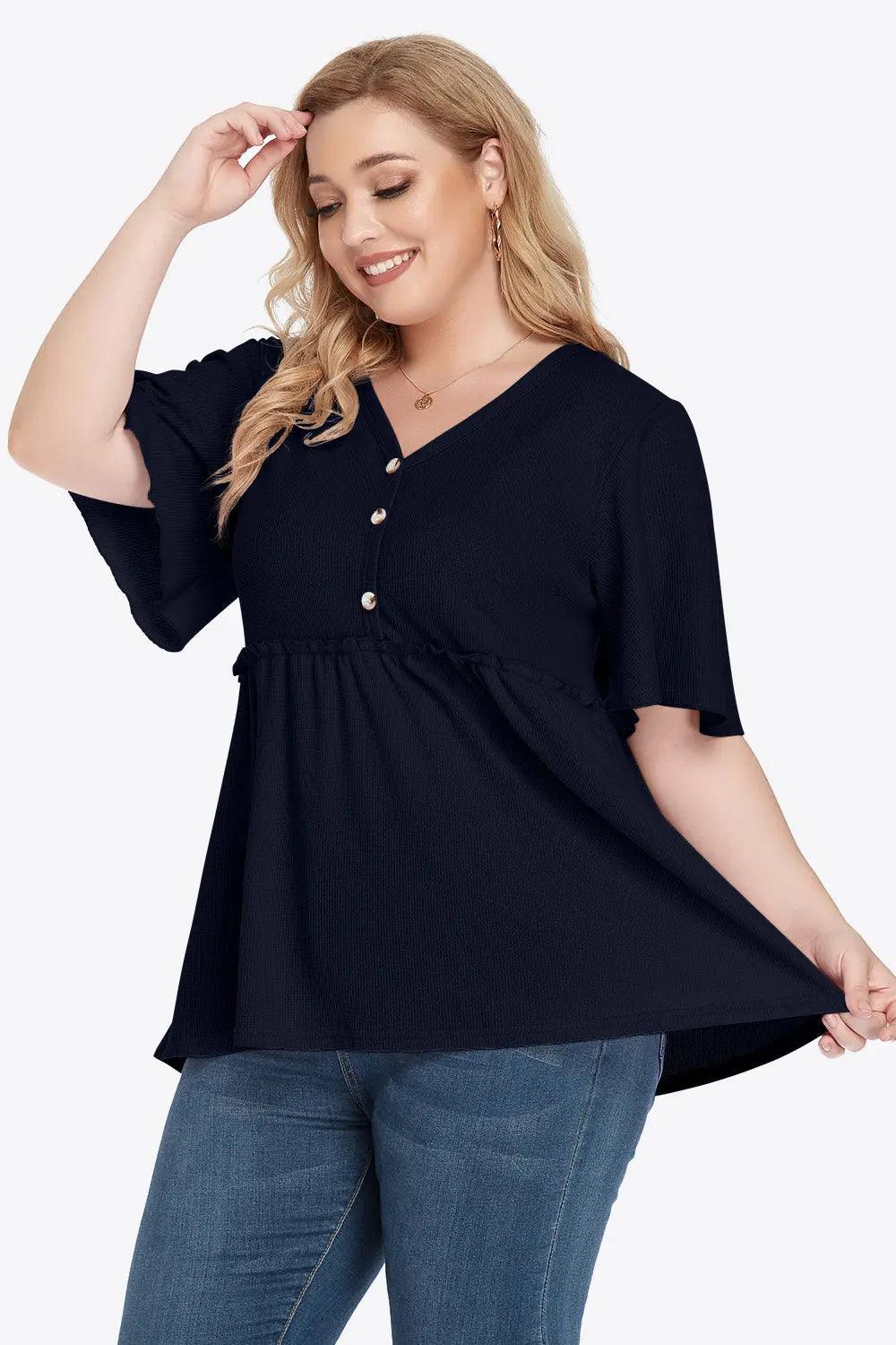 Plus Size Buttoned V-Neck Frill Trim Babydoll Blouse - M. Burks Pretty Boutique LLC.shop