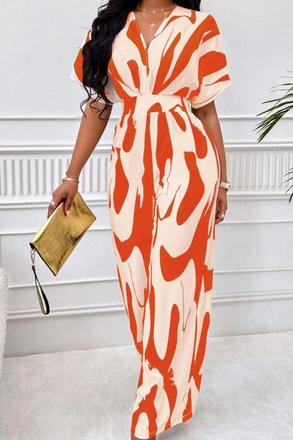 Printed V-Neck Short Sleeve Wide Leg Jumpsuit - M. Burks Pretty Boutique LLC.shop