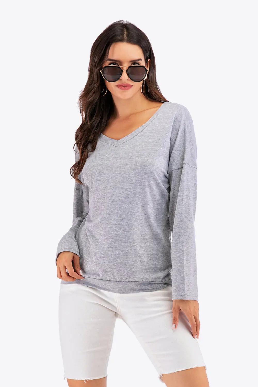 Perfee V-Neck Drop Shoulder Open Back Sweatshirt - M. Burks Pretty Boutique LLC.shop