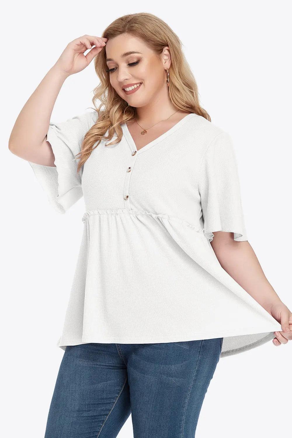 Plus Size Buttoned V-Neck Frill Trim Babydoll Blouse - M. Burks Pretty Boutique LLC.shop