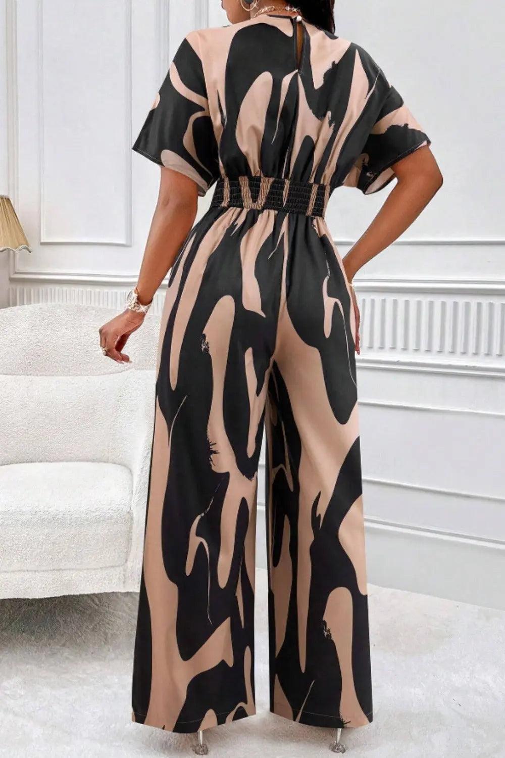 Printed V-Neck Short Sleeve Wide Leg Jumpsuit - M. Burks Pretty Boutique LLC.shop